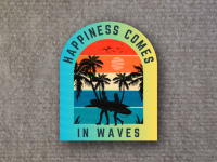 An image of palm trees and surfboard with text happiness comes in waves