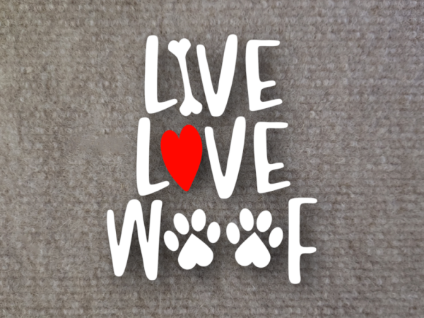 image of live love woof vinyl decal with dog paw print and heart