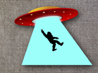 image of spaceship u.f.o. with funny big foot giving peace sign while being abducted