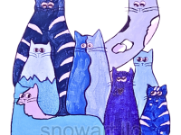 Colorful unique image of hand-painted blue cats