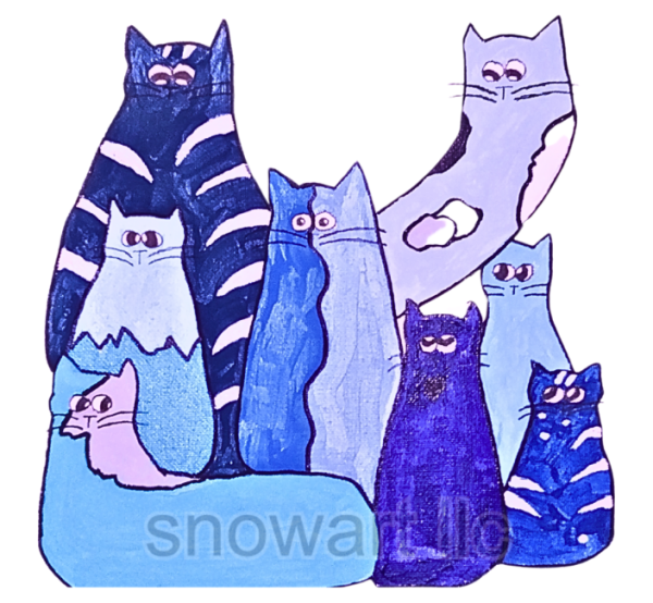 Colorful unique image of hand-painted blue cats