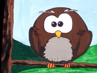 Colorful unique image of hand-painted brown owl sitting on a tree branch