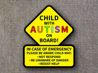 image of sticker with text child with autism on board in case of emergencey