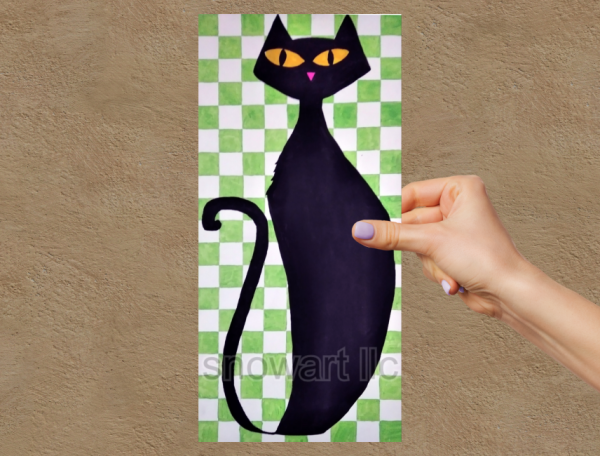 Black Cat on Green Checkerboard by Snowart (artist) Vinyl Window Laptop Bumper Sticker Decal - Image 6