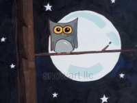 Colorful unique reproduction of hand-painted owl sitting in a tree at night