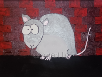 Colorful and unique image of a hand-painted rat against red background