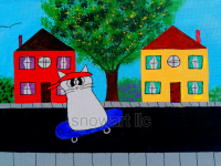 Colorful unique image of hand-painted cat riding a blue skateboard