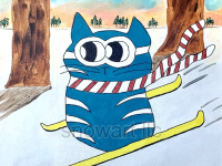 Colorful unique image of hand-painted cat wearing a scarf skiing down a snow covered hill