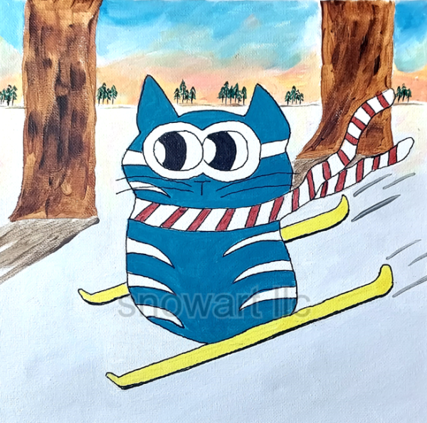 Colorful unique image of hand-painted cat wearing a scarf skiing down a snow covered hill