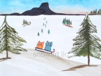 Colorful image of two cats sledding on snow at Thumb Butte in Prescott Arizona