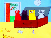 Colorful image of four cats in a suitcase ready to go on a trip