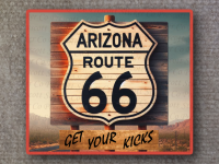 Image of route 66 Arizona highway sign with text get your kicks