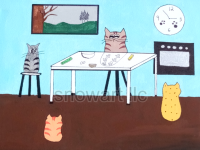 Colorful unique image of hand-painted cats sitting in a kitchen