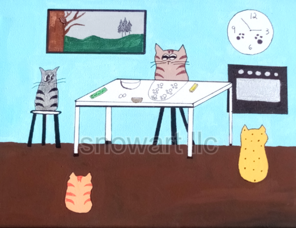 Colorful unique image of hand-painted cats sitting in a kitchen