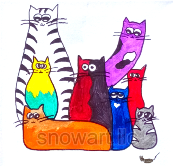 Colorful unique image of hand-painted multicolor cats
