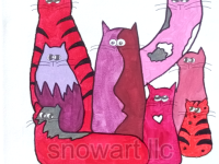 Colorful unique image of hand-painted red cats