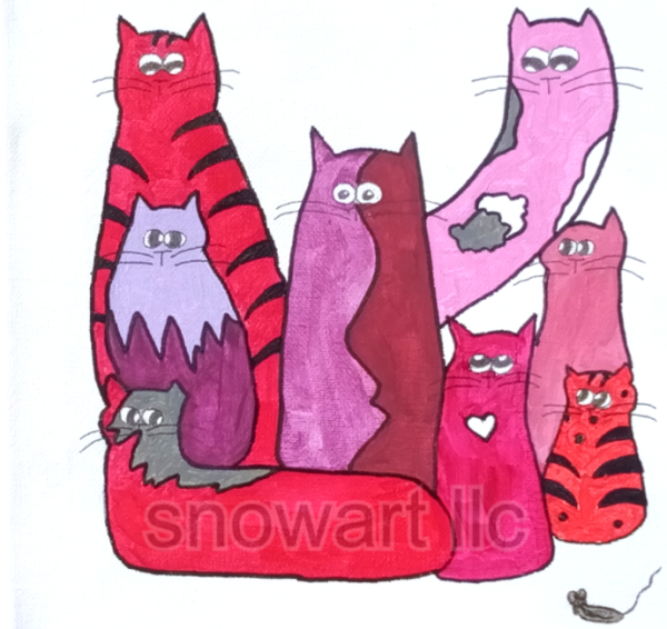 Colorful unique image of hand-painted red cats