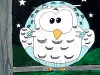 Colorful unique image of hand-painted of a snowy owl sitting on a tree branch at night