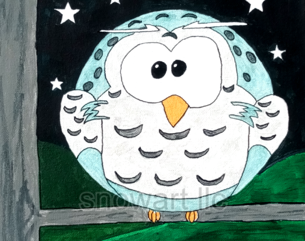 Colorful unique image of hand-painted of a snowy owl sitting on a tree branch at night