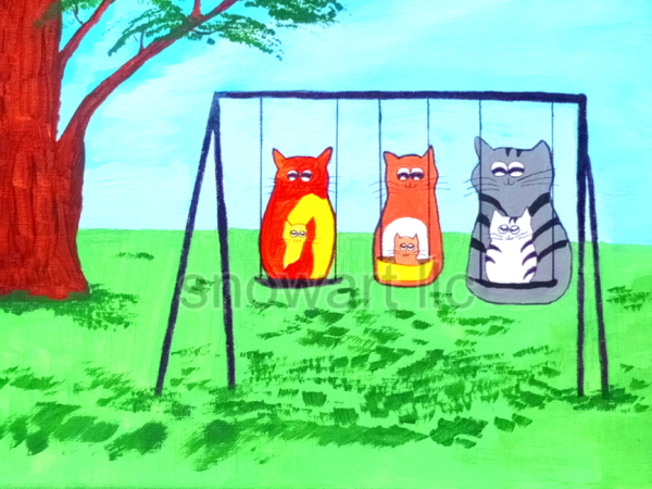 Colorful unique image of hand-painted cats sitting on a swingset