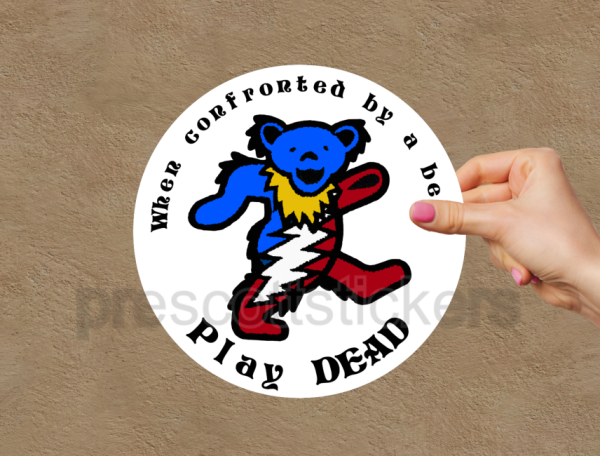 Colorful image of Grateful Dead Bear with text when confronted by a bear play dead