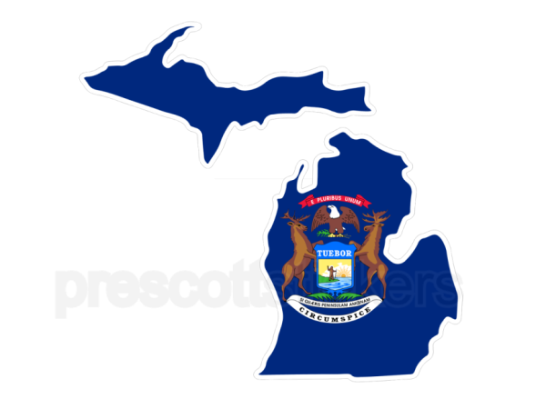 Colorful unique image of Michigan State Flag with state outline