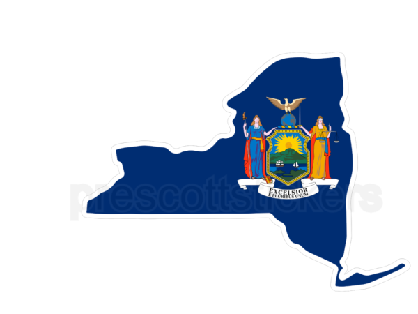 Colorful unique image of New York State Flag with state outline